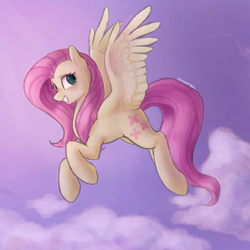 Size: 1000x1000 | Tagged: safe, artist:nodambol, imported from derpibooru, fluttershy, pegasus, pony, cloud, female, flying, grin, looking at you, looking sideways, mare, sky, smiling, solo, spread wings, wings