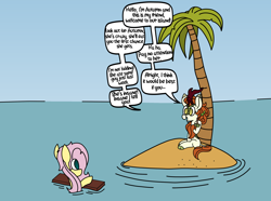 Size: 3000x2226 | Tagged: safe, artist:rainbowbacon, imported from derpibooru, autumn blaze, fluttershy, kirin, pony, autumn blaze's puppet, desert island, gary larson, ocean, palm tree, the far side, tree, ventriloquism