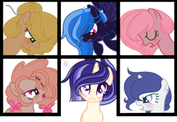 Size: 2945x2036 | Tagged: safe, artist:manella-art, imported from derpibooru, oc, oc only, oc:apple blossom, oc:cherry pie, oc:flying feather, oc:paris, oc:peach cream, oc:skyglow sentry, earth pony, pegasus, pony, unicorn, base used, bust, next generation, offspring, parent:applejack, parent:big macintosh, parent:caramel, parent:cheese sandwich, parent:fancypants, parent:flash sentry, parent:fluttershy, parent:pinkie pie, parent:rainbow dash, parent:rarity, parent:soarin', parent:twilight sparkle, parents:carajack, parents:cheesepie, parents:flashlight, parents:fluttermac, parents:raripants, parents:soarindash, squares