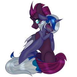 Size: 2500x2500 | Tagged: safe, artist:bublebee123, imported from derpibooru, tempest shadow, oc, oc:elizabat stormfeather, alicorn, bat pony, bat pony alicorn, pony, unicorn, alicorn oc, bat pony oc, bat wings, blank flank, blushing, broken horn, canon x oc, comforting, cute, eye scar, eyes closed, female, horn, hug, lesbian, mare, missing cutie mark, sad, scar, shipping, simple background, sitting, stormshadow, tempestbetes, transparent background, wings