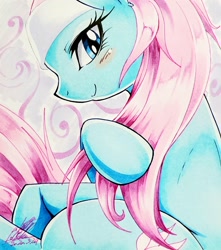 Size: 1814x2048 | Tagged: safe, artist:025aki, imported from derpibooru, lotus blossom, earth pony, pony, bedroom eyes, blushing, female, looking at you, mare, smiling, solo, traditional art