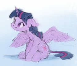 Size: 1527x1311 | Tagged: safe, artist:vanillaghosties, imported from derpibooru, twilight sparkle, alicorn, pony, colored sketch, cute, female, floppy ears, mare, sitting, solo, spread wings, twiabetes, twilight sparkle (alicorn), wings