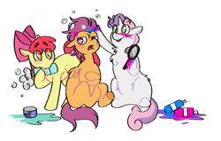 Size: 825x526 | Tagged: safe, artist:emotionalsupportfluffy, derpibooru exclusive, imported from derpibooru, apple bloom, scootaloo, sweetie belle, earth pony, pegasus, pony, unicorn, cutie mark crusaders, female, filly, hair dye, mirror, no pupils, shampoo