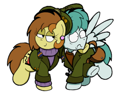 Size: 1024x793 | Tagged: safe, artist:bobthedalek, imported from derpibooru, oc, oc only, oc:bubble pump, oc:clippy ticket, earth pony, pegasus, pony, clothes, ear piercing, earring, female, hat, hug, jacket, jewelry, piercing, pulling, simple background, smug, sweater, transparent background, unbalanced