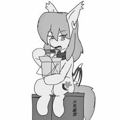 Size: 1024x1012 | Tagged: safe, alternate version, artist:omegapony16, imported from derpibooru, oc, oc only, oc:oriponi, bat pony, pony, bat pony oc, bat wings, box, chopsticks, clothes, crate, ear piercing, earring, eating, female, grayscale, hoof hold, japanese, jewelry, mare, monochrome, piercing, scarf, simple background, sitting, solo, text, white background, wings