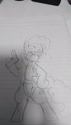 Size: 1152x2048 | Tagged: safe, artist:omegapony16, imported from derpibooru, pinkie pie, earth pony, pony, bipedal, clothes, costume, crossover, female, gun, hoof hold, lineart, lined paper, mare, metal gear, solo, traditional art, weapon