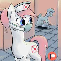 Size: 1024x1024 | Tagged: safe, artist:tunrae, imported from derpibooru, nurse redheart, oc, earth pony, pony, coronavirus, covid-19, digital art, earth pony oc, hair net, hat, mask, nurse, pandemic, patreon, patreon logo, patreon reward, ppe, surgical mask, tail net