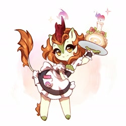 Size: 1890x1890 | Tagged: safe, artist:smthngjay, imported from derpibooru, autumn blaze, anthro, kirin, unguligrade anthro, abstract background, awwtumn blaze, cake, clothes, cute, female, fire, food, looking at you, magic, maid, no nose, solo, style emulation