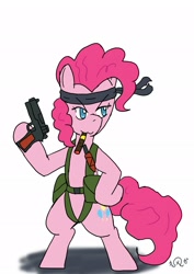 Size: 1451x2048 | Tagged: safe, artist:omegapony16, imported from derpibooru, pinkie pie, earth pony, pony, bipedal, cigar, clothes, costume, crossover, female, gun, hoof hold, japanese, mare, metal gear, mouth hold, signature, simple background, solo, weapon, white background