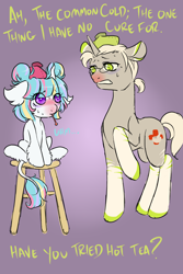 Size: 1000x1500 | Tagged: safe, artist:lavvythejackalope, imported from derpibooru, oc, oc only, oc:dr. malady, oc:lore, pony, unicorn, backwards thermometer, duo, female, filly, glasses, horn, leonine tail, male, mouth hold, red nosed, sick, sitting, speech, stallion, stool, sweat, thermometer, unicorn oc