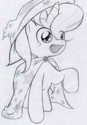 Size: 922x1329 | Tagged: dead source, safe, artist:steg-o, imported from derpibooru, trixie, pony, cape, clothes, cute, diatrixes, female, hat, monochrome, open mouth, sketch, solo, starry eyes, trixie's cape, trixie's hat, wingding eyes