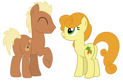 Size: 1024x683 | Tagged: safe, artist:dragonchaser123, imported from derpibooru, carrot top, golden harvest, meadow song, earth pony, pony, butt, commission, eyes closed, female, male, mare, plot, raised hoof, simple background, smiling, stallion, transparent background, vector