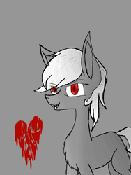 Size: 2121x2828 | Tagged: safe, artist:prismicdiamondart, imported from derpibooru, oc, oc only, oc:bleeding heart, earth pony, pony, chest fluff, earth pony oc, gray background, heart, red eyes, simple background, smiling, solo