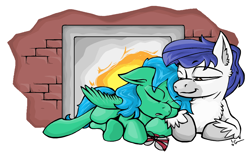 Size: 1904x1184 | Tagged: safe, alternate version, artist:lucas_gaxiola, imported from derpibooru, oc, oc only, pegasus, pony, colored, eyes closed, female, fireplace, glasses, male, mare, oc x oc, pegasus oc, prone, shipping, signature, simple background, sleeping, smiling, snuggling, stallion, straight, unshorn fetlocks, white background, wings