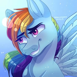 Size: 1280x1280 | Tagged: safe, artist:plumaelegante, imported from derpibooru, rainbow dash, pony, blue background, bust, ear fluff, female, grin, portrait, signature, simple background, smiling, solo