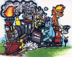 Size: 1024x805 | Tagged: safe, artist:sketchywolf-13, imported from derpibooru, oc, oc only, earth pony, pony, unicorn, commission, cutie mark, fire, hat, horn, male, rat fink, sharp teeth, smoke, stallion, teeth, traditional art, train