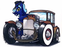 Size: 1024x777 | Tagged: safe, artist:sketchywolf-13, imported from derpibooru, oc, oc only, earth pony, pony, car, ford, ford model a, hat, hot rod, looking at you, male, simple background, solo, stallion, traditional art, white background, white walls