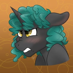 Size: 1280x1280 | Tagged: safe, artist:cadetredshirt, imported from derpibooru, oc, oc only, oc:whirlytail, pony, unicorn, alternate hairstyle, blushing, blushing ears, blushing profusely, bust, curly hair, curly mane, digital art, ear blush, flustered, furrowed brow, gradient background, gray coat, gritted teeth, head, highlights, horn, hunched over, icon, male, nose wrinkle, orange background, scrunchy face, shading, simple background, solo, stallion, teal mane, tsundere, yellow eyes