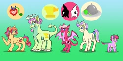 Size: 1280x640 | Tagged: safe, artist:vennyriz22, imported from derpibooru, oc, oc only, oc:alexandrite magnum belle, oc:anomaly anjou jack, oc:bartlett brulee belle, oc:pitaya marie harvest, oc:ruby fire phantasm, dracony, earth pony, hybrid, pony, unicorn, gradient background, interspecies offspring, magical lesbian spawn, offspring, parent:applejack, parent:rarity, parent:spike, parents:applespike, parents:rarijack, parents:sparity, siblings