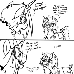 Size: 899x899 | Tagged: safe, artist:pony quarantine, imported from derpibooru, oc, oc only, oc:dyx, oc:dyxzala, hybrid, zony, /mlp/'s best mom, bad parenting, bag, black and white, black eye, cigarette, comic, dialogue, duo, grayscale, implied autism, lineart, magical lesbian spawn, mocking, monochrome, offspring, older, older dyx, parent:oc:dyx, parent:oc:zala, parents:oc x oc, saddle bag, sharp teeth, simple background, teary eyes, teeth, white background