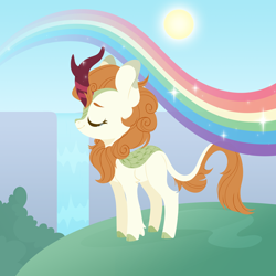 Size: 4000x4000 | Tagged: safe, artist:belka-sempai, imported from derpibooru, autumn blaze, kirin, absurd resolution, awwtumn blaze, cute, eyes closed, female, profile, rainbow, sky, solo, sun, waterfall