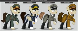 Size: 1280x512 | Tagged: safe, artist:brony-works, imported from derpibooru, oc, oc only, earth pony, pegasus, pony, adolf hitler, boots, clothes, earth pony oc, eyelashes, hat, heinrich himmler, helmet, hermann göring, joseph goebbels, monocle, nazi, nazi germany, ponified, raised hoof, reference sheet, shoes, smiling, uniform, world war ii