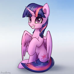 Size: 2160x2160 | Tagged: safe, artist:adagiostring, imported from derpibooru, twilight sparkle, alicorn, pony, chest fluff, cute, ear fluff, female, gradient background, high res, leg fluff, mare, sitting, smiling, solo, twiabetes, twilight sparkle (alicorn), ych example, your character here