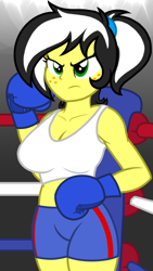 Size: 1080x1920 | Tagged: safe, artist:toyminator900, imported from derpibooru, oc, oc only, oc:uppercute, equestria girls, beautiful, beautisexy, boxing, boxing gloves, boxing ring, breasts, clothes, determined look, female, freckles, green eyes, gym shorts, ring, serious, sexy, shorts, solo, sports, sports bra, tanktop, thighs, tomboy