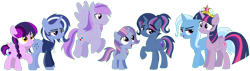 Size: 1636x464 | Tagged: safe, alternate version, artist:camomiie, edit, imported from derpibooru, trixie, twilight sparkle, oc, oc:comet road, oc:phantasia, oc:solar lilly, oc:stella maris, oc:supernova, alicorn, base used, big crown thingy, element of magic, family, female, jewelry, lesbian, magical lesbian spawn, offspring, parent:trixie, parent:twilight sparkle, parents:twixie, regalia, shipping, simple background, transparent background, twilight sparkle (alicorn), twixie