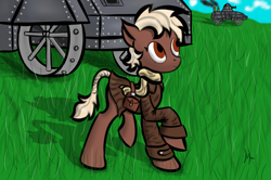 Size: 1474x978 | Tagged: safe, artist:mintlynx, imported from derpibooru, earth pony, pony, clothes, female, grass, jacket, mare, steampunk, tank (vehicle), vehicle