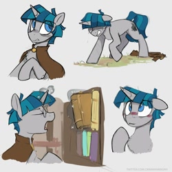 Size: 950x950 | Tagged: safe, artist:crimmharmony, imported from derpibooru, stygian, pony, unicorn, adorkable, blushing, book, bookshelf, bust, chest fluff, colored pupils, crying, cute, dork, eye clipping through hair, glasses, gray background, magic, male, portrait, profile, simple background, solo, stallion, stygianbetes, telekinesis, yawn