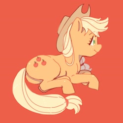 Size: 2048x2048 | Tagged: safe, artist:chapaghettii, imported from derpibooru, applejack, earth pony, pony, applejack's hat, cowboy hat, cute, female, hat, high res, jackabetes, looking away, lying down, mare, orange background, profile, prone, simple background, solo