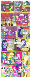 Size: 612x1553 | Tagged: safe, artist:greatdinn, artist:newbiespud, edit, edited screencap, imported from derpibooru, screencap, applejack, fluttershy, pinkie pie, rainbow dash, rarity, twilight sparkle, equestria girls, equestria girls (movie), clothes, collaboration, comic, cutie mark, cutie mark on clothes, dialogue, dress, eyes closed, female, female pov, glasses, gym, hat, male, mane six, microphone, offscreen character, pov, screencap comic, smiling, stage