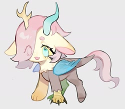 Size: 1998x1740 | Tagged: safe, artist:kura, artist:puzi, imported from derpibooru, fluttershy, draconequus, beanbrows, cute, draconequified, eye clipping through hair, eyebrows, female, flutterequus, foal, gray background, shyabetes, simple background, solo, species swap, yellow sclera