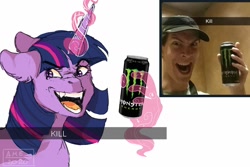 Size: 1500x1000 | Tagged: safe, artist:ametffe, artist:amethesaladhair, imported from derpibooru, twilight sparkle, human, pony, can, drink, energy drink, faic, franzj, franzj presents, hand, irl, irl human, levitation, magic, magic hands, meme, monster energy, photo, ponified meme, snapchat, telekinesis