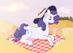 Size: 754x555 | Tagged: safe, artist:xeiphi, imported from derpibooru, pony, unicorn, cloud, hat, hill, picnic blanket, sky, solo, sun hat, tree