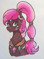 Size: 2976x3968 | Tagged: safe, artist:mesuyoru, imported from derpibooru, oc, oc only, oc:russet jewel, earth pony, pony, blue eyes, brown coat, bust, crystal, female, gem, jewelry, mare, markers, necklace, pink mane, portrait, sassy, simple background, solo, traditional art, whisker markings, white markings