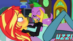 Size: 800x450 | Tagged: safe, artist:uzzi-ponydubberx, imported from derpibooru, flash sentry, spike, sunset shimmer, dog, human, equestria girls, animated, bestiality, caught, clothes, female, interspecies, jacket, kiss on the lips, kissing, leather jacket, male, shipping, spike gets all the equestria girls, spike the dog, straight, sunsetspike