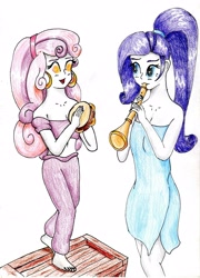 Size: 2463x3423 | Tagged: safe, artist:40kponyguy, derpibooru exclusive, imported from derpibooru, rarity, sweetie belle, equestria girls, bare shoulders, barefoot, bathrobe, belle sisters, belly dancer, belly dancer outfit, blowing flute, clothes, crate, ear piercing, earring, feet, female, flute, harem outfit, headband, hooped earrings, hypnosis, hypnotized, jewelry, musical instrument, piercing, playing instrument, ponytail, requested art, robe, siblings, simple background, sisters, snake charmin' flute, tambourine, traditional art