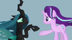Size: 1280x720 | Tagged: artist needed, source needed, safe, imported from derpibooru, queen chrysalis, starlight glimmer, changeling, pony, unicorn, to where and back again, colored, female, mare, scene interpretation