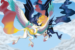 Size: 2732x1800 | Tagged: safe, artist:empressspacegoat, imported from derpibooru, princess celestia, princess luna, alicorn, classical unicorn, pony, alternate design, armlet, bat wings, bracelet, cloud, cloven hooves, colored wings, curved horn, cutie mark, duo, duo female, ethereal mane, eyes closed, female, flying, halo, horn, jewelry, leonine tail, mare, multicolored wings, nuzzling, peytral, royal sisters, sibling love, siblings, sisterly love, sisters, sky, spread wings, starry mane, tail feathers, unshorn fetlocks, wings