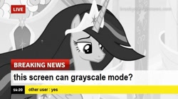 Size: 717x401 | Tagged: safe, edit, edited screencap, imported from derpibooru, screencap, twilight sparkle, alicorn, the last problem, break your own news, breaking news, grammar error, grayscale, monochrome, princess twilight 2.0, twilight sparkle (alicorn)