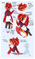 Size: 800x1324 | Tagged: safe, artist:ipun, imported from derpibooru, oc, oc only, oc:fire strike, anthro, pegasus, unguligrade anthro, anthro oc, apron, arm hooves, chibi, clothes, deviantart watermark, female, food, friendship cafe, mare, obtrusive watermark, pants, shirt, shoes, solo, tea, trousers, vest, waitress, watermark