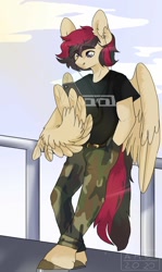 Size: 868x1453 | Tagged: artist needed, safe, artist:ame, imported from derpibooru, oc, oc only, oc:porsche speedwings, anthro, pegasus, unguligrade anthro, belt, belt buckle, camo pants, clothes, cloud, cool, earbuds, fence, hand in pocket, hands in pockets, horseshoes, leaning, leaning back, listening, looking at phone, pegasus oc, phone, shirt, simple background, solo, t-shirt, tool (band), watermark, wing hands, wings