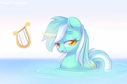 Size: 1280x854 | Tagged: safe, artist:musicfirewind, artist:wavecipher, imported from derpibooru, lyra heartstrings, pony, unicorn, bath, beautiful, bedroom eyes, cute, female, in water, looking at you, lyrabetes, lyre, magic, musical instrument, smiling, solo, water