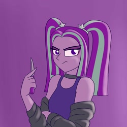 Size: 2250x2250 | Tagged: safe, artist:suchosophie, imported from derpibooru, aria blaze, equestria girls, angry, choker, clothes, female, frown, hoodie, knife, lidded eyes, solo