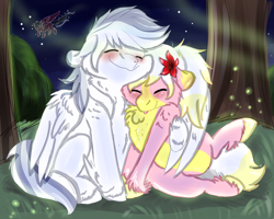 Size: 2500x2000 | Tagged: safe, artist:euspuche, imported from derpibooru, oc, oc only, oc:carmen garcía, oc:cloud rider, oc:francisco, earth pony, ghost, pegasus, undead, flower, flower in hair, forest, hug, night