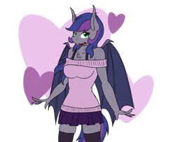 Size: 1687x1367 | Tagged: safe, artist:phoenixswift, imported from derpibooru, oc, oc only, oc:midnight melody, anthro, bat pony, clothes, female, heart, simple background, skirt, socks, solo, sweater, thigh highs, transparent background