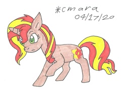 Size: 1146x816 | Tagged: safe, artist:cmara, imported from derpibooru, sunset shimmer, pony, unicorn, female, mare, raised hoof, simple background, solo, traditional art, white background