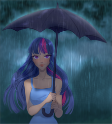 Size: 2326x2559 | Tagged: safe, artist:rubinine9, imported from derpibooru, twilight sparkle, human, fanfic:demons and desires, clothes, dress, female, humanized, rain, solo, umbrella